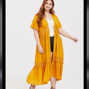 TORRID MUSTARD YELLOW CROCHET DUSTER KIMONO SIZE 2